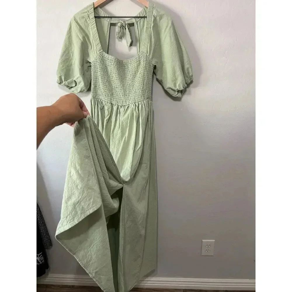 Nasty Gal Shirred Puff Sleeve Maxi Slit Dress Light Green Size 10 - Picture 9 of 10
